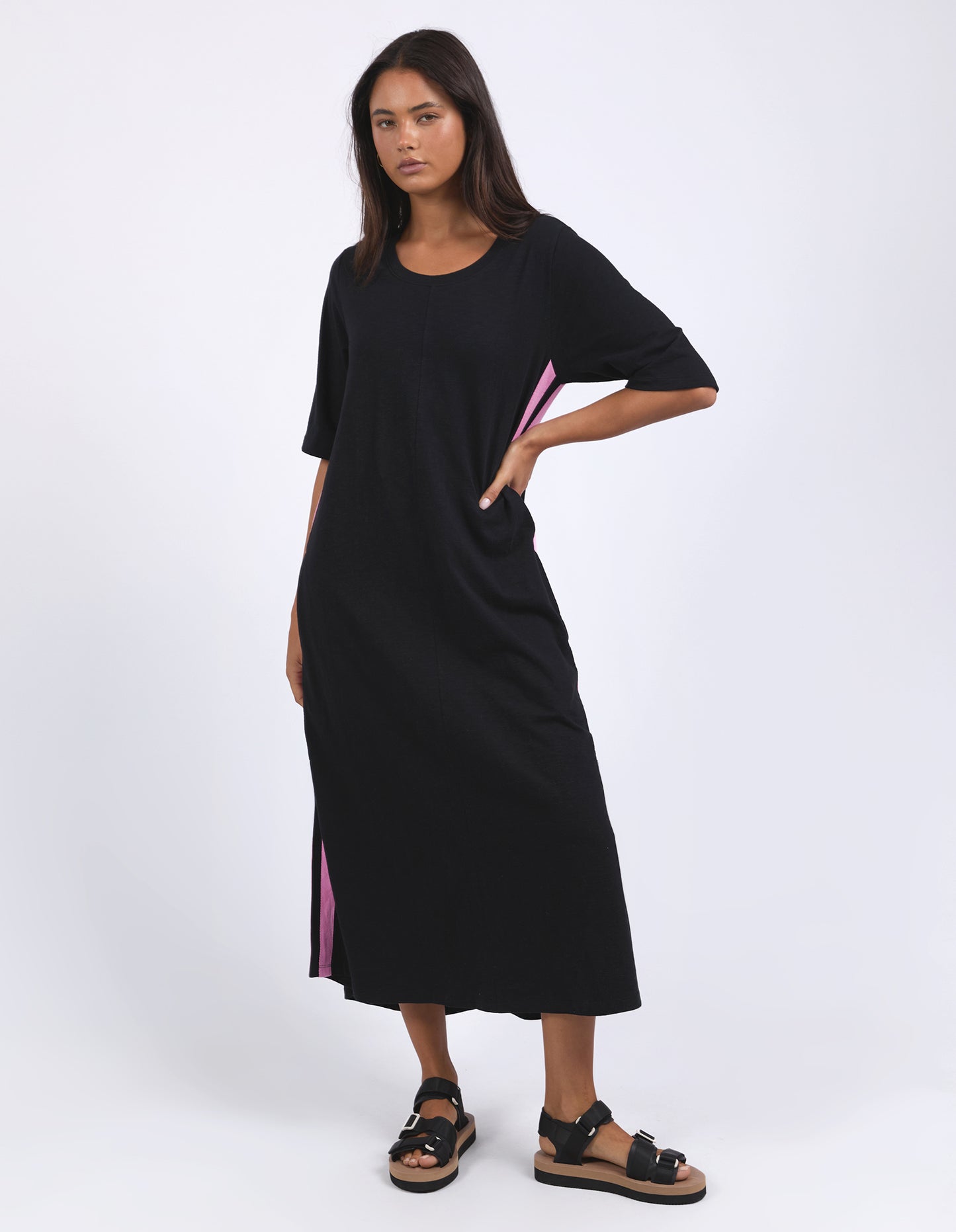 Foxwood Recovery 3/4 sleeve dress-Black with pink stripe
