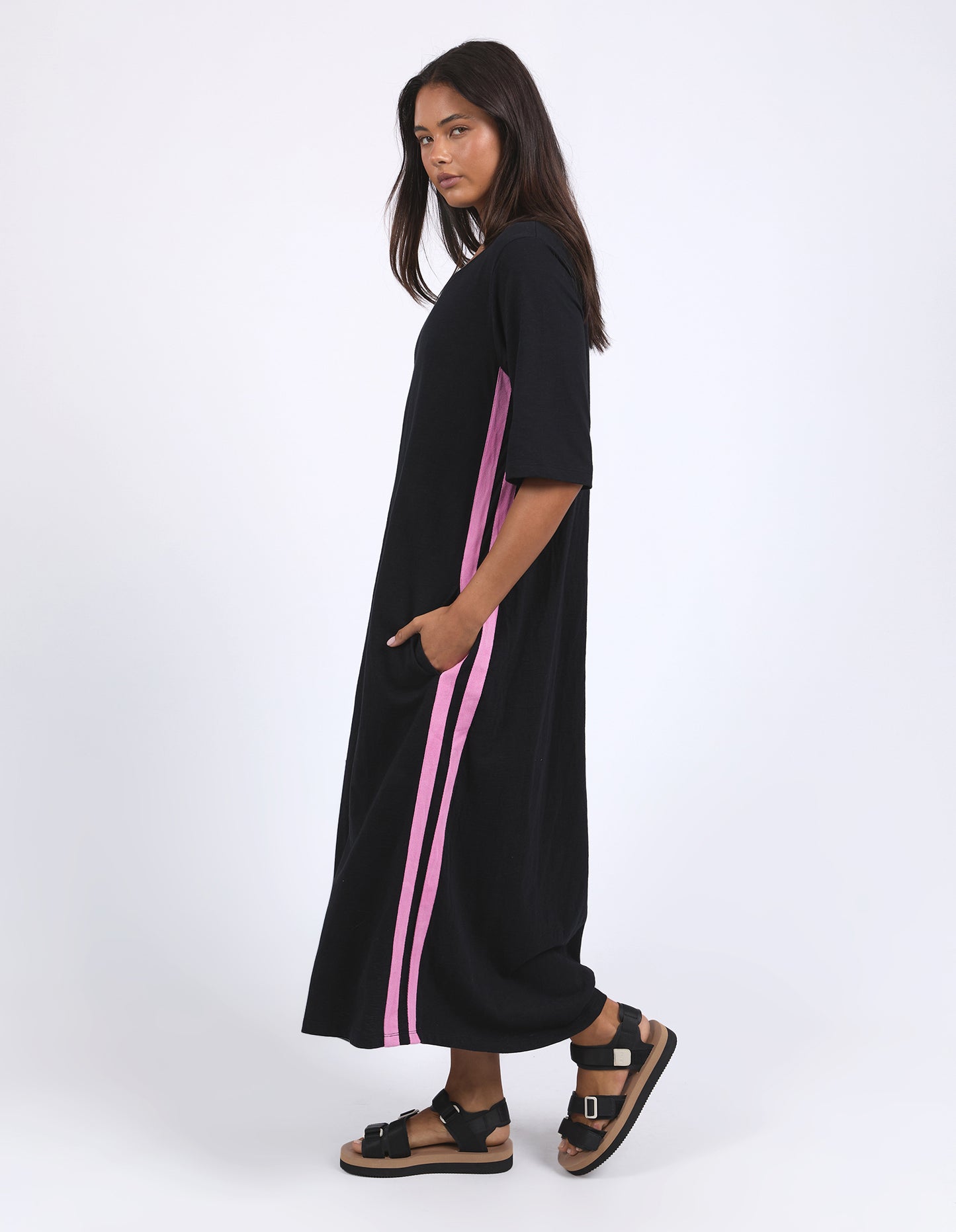 Foxwood Recovery 3/4 sleeve dress-Black with pink stripe