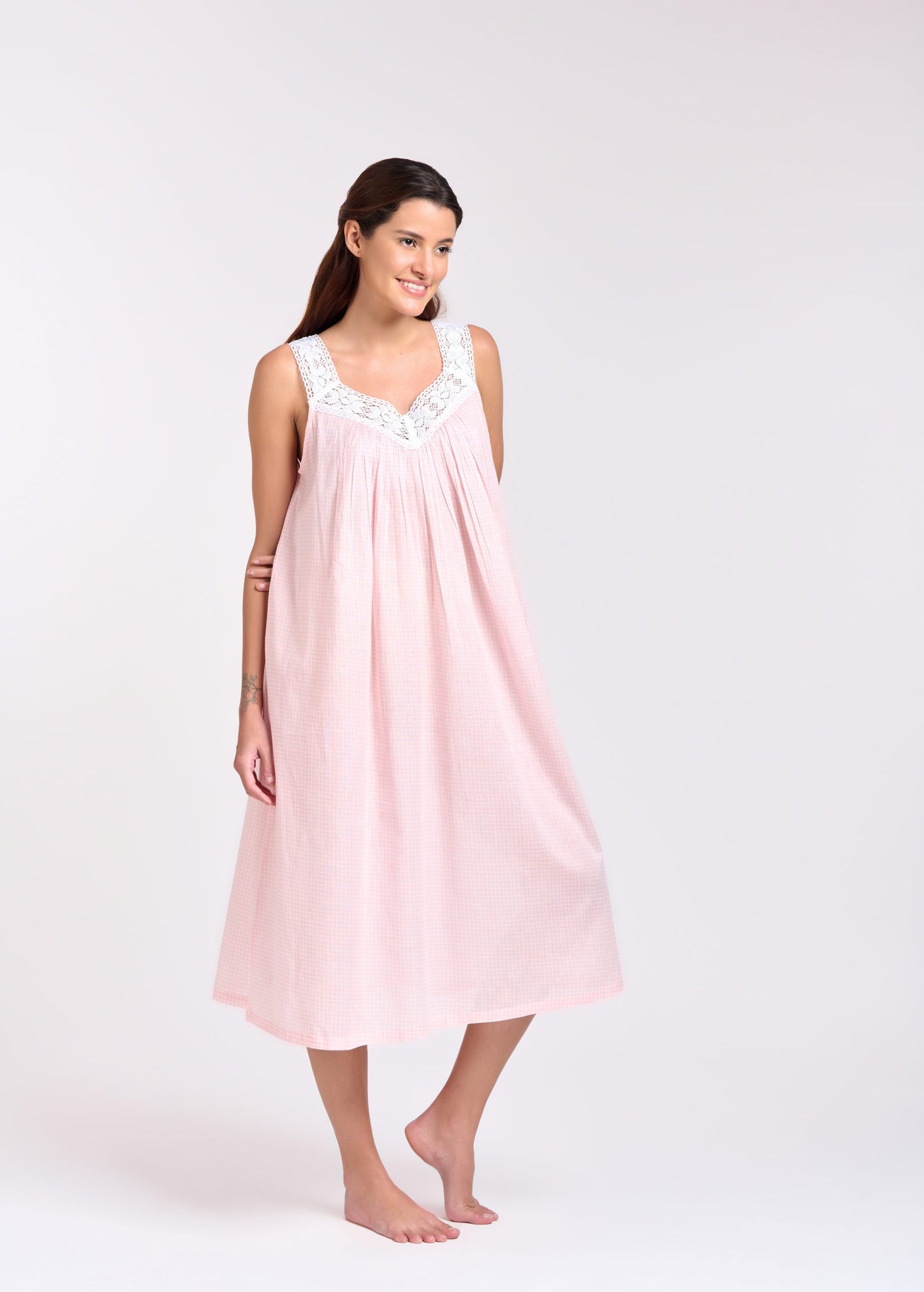 MD-410CP Nightie | V-Neck Laced Gingham Print