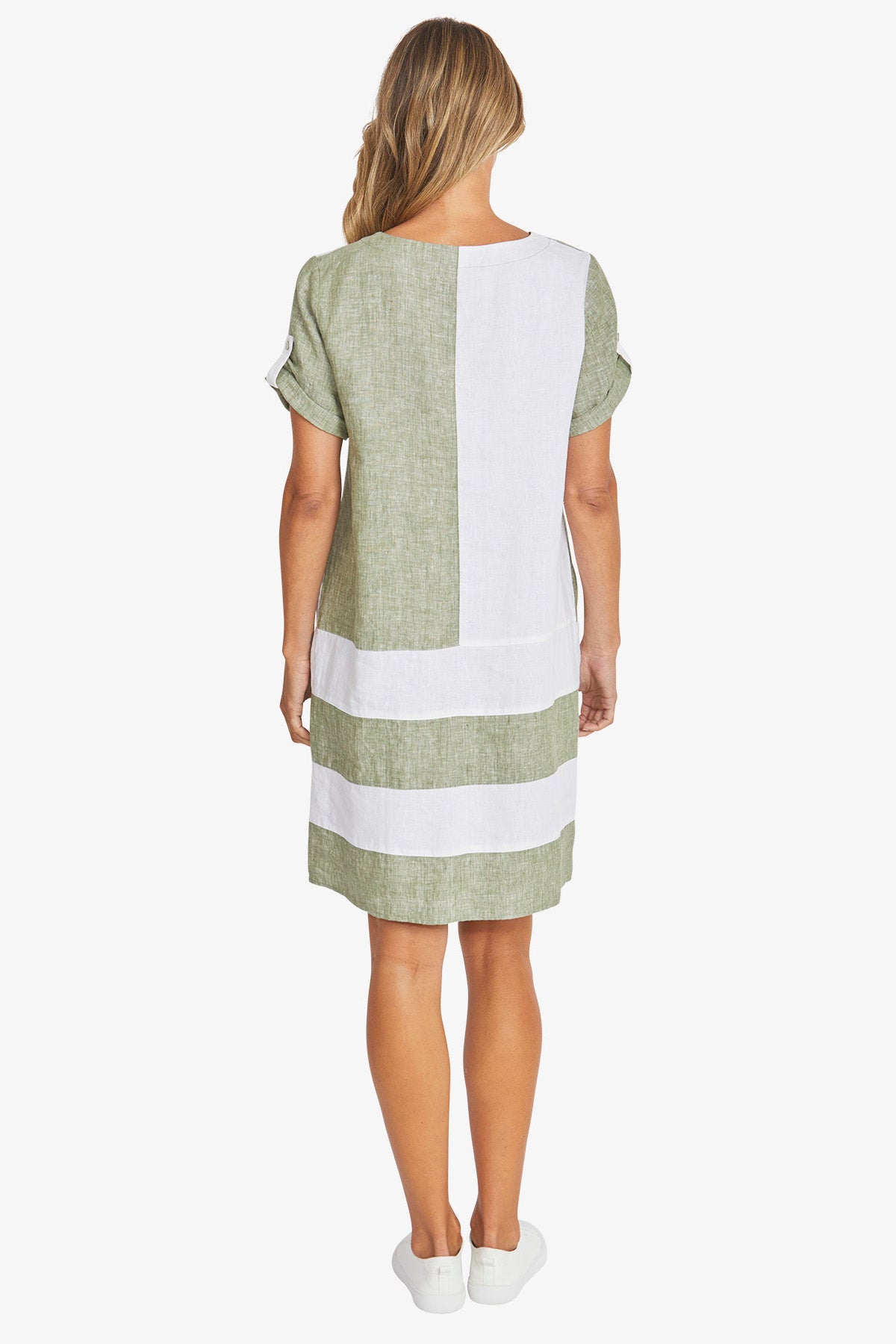 Colour Block Linen Dress with Ping pong Australia- Seagrass
