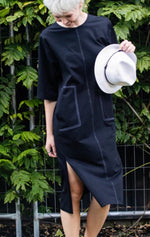 White on Black Top-stitch Summer Dress