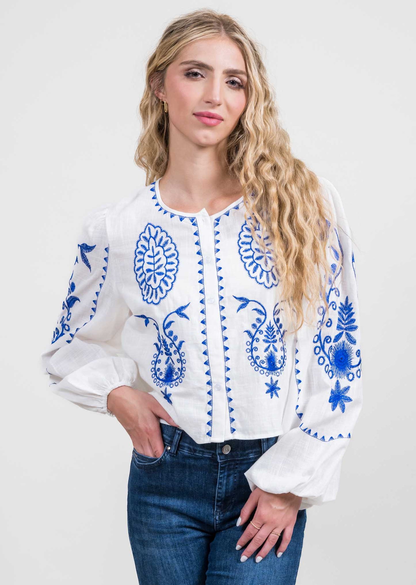 Blue/White Embroidered Blouse by Trisha Tyler