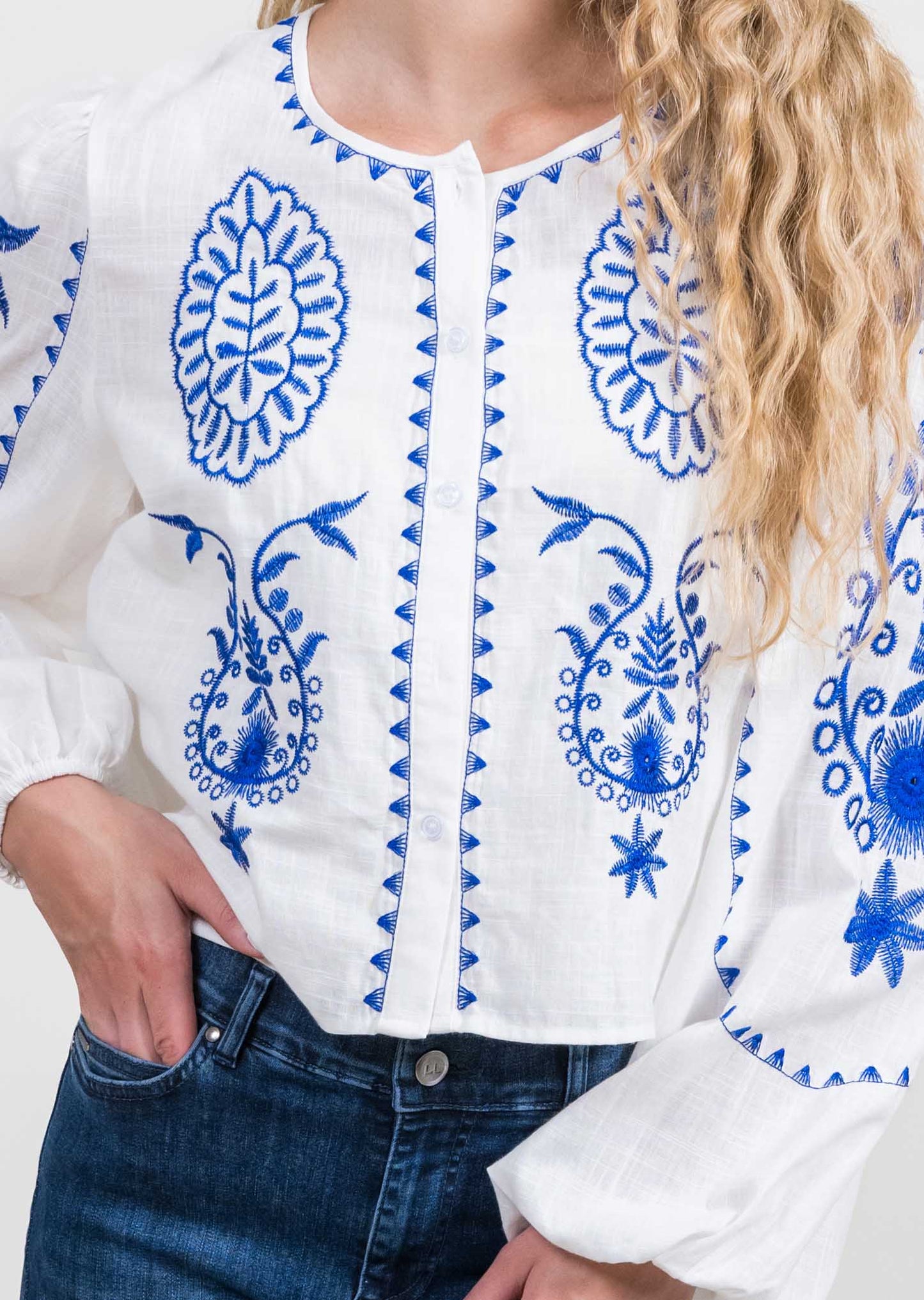 Blue/White Embroidered Blouse by Trisha Tyler
