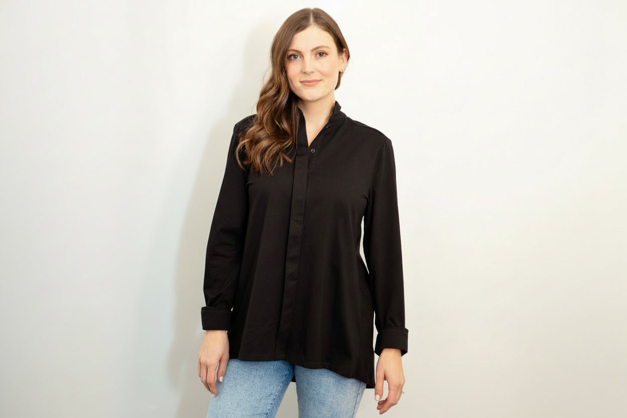 Placket Front Shirt from White on Black - Black