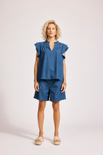 Melenia Denim Frill Top - Indigo