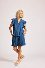 Melenia Denim Frill Top - Indigo