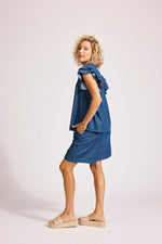 Melenia Denim Frill Top - Indigo