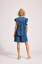 Melenia Denim Frill Top - Indigo