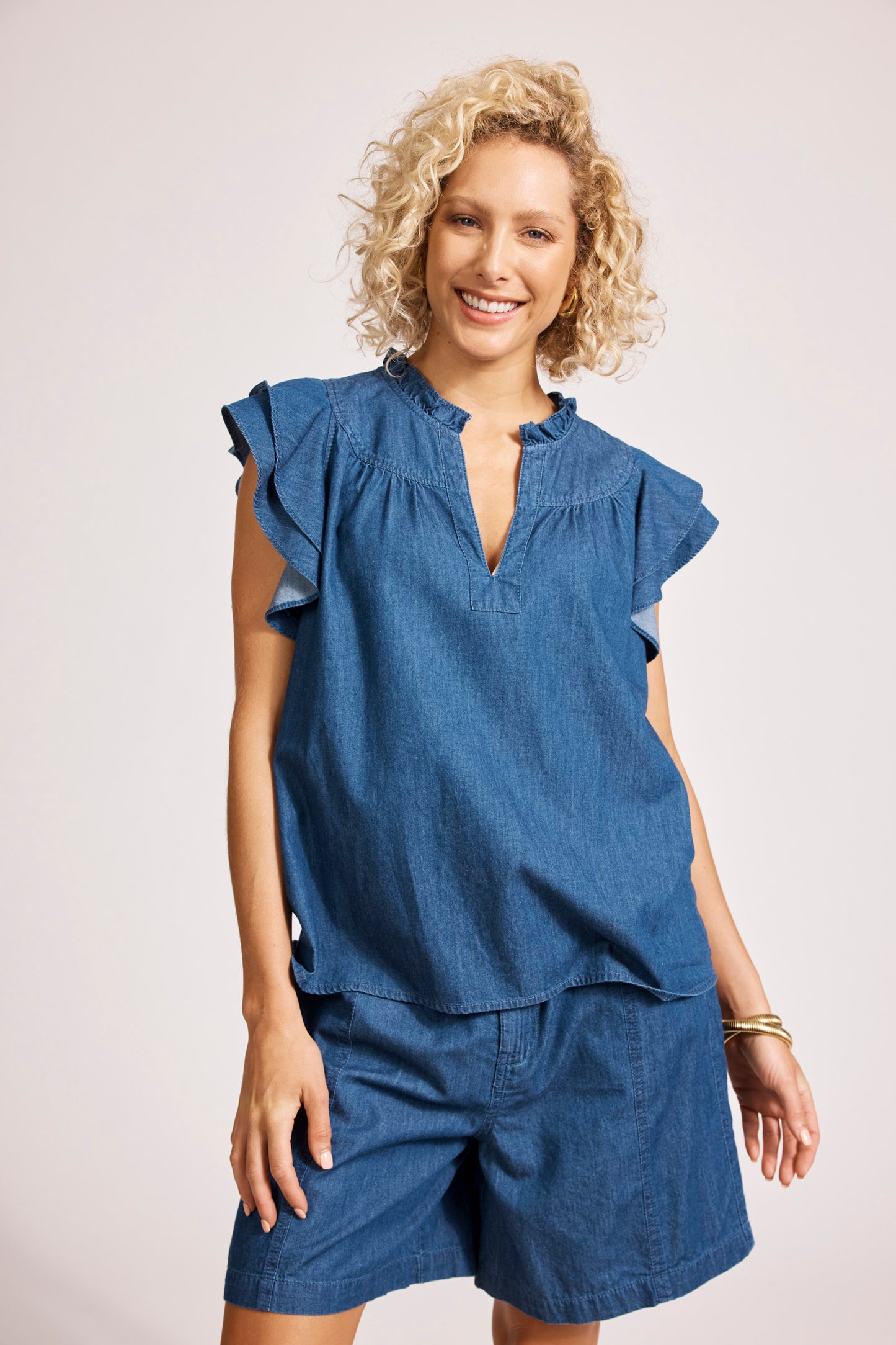 Melenia Denim Frill Top - Indigo