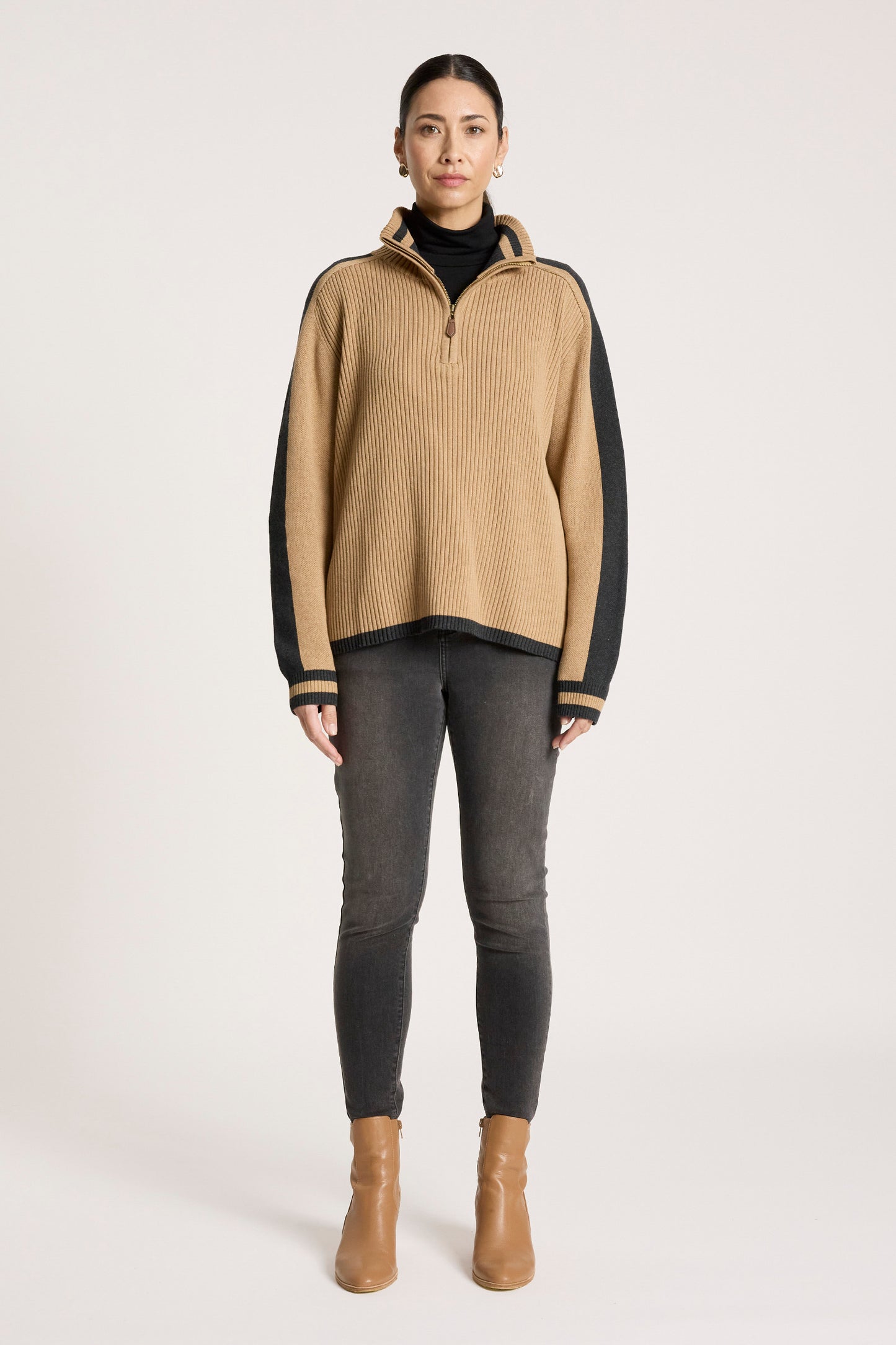Liora Zip Jumper from Eb+Ive - Mocha/Charcoal colour