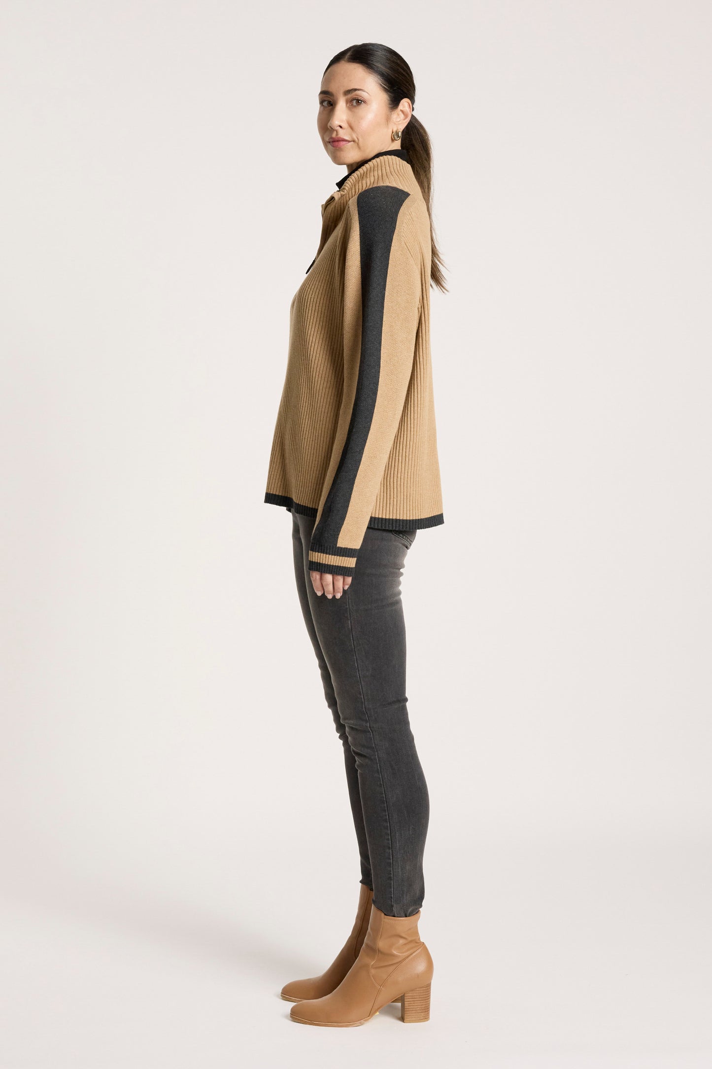 Liora Zip Jumper from Eb+Ive - Mocha/Charcoal colour