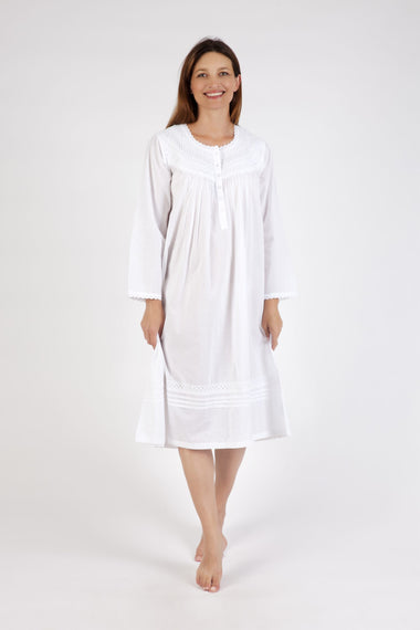 Embroidered White Cotton Long Sleeve Nightie - Arabella MD34LS