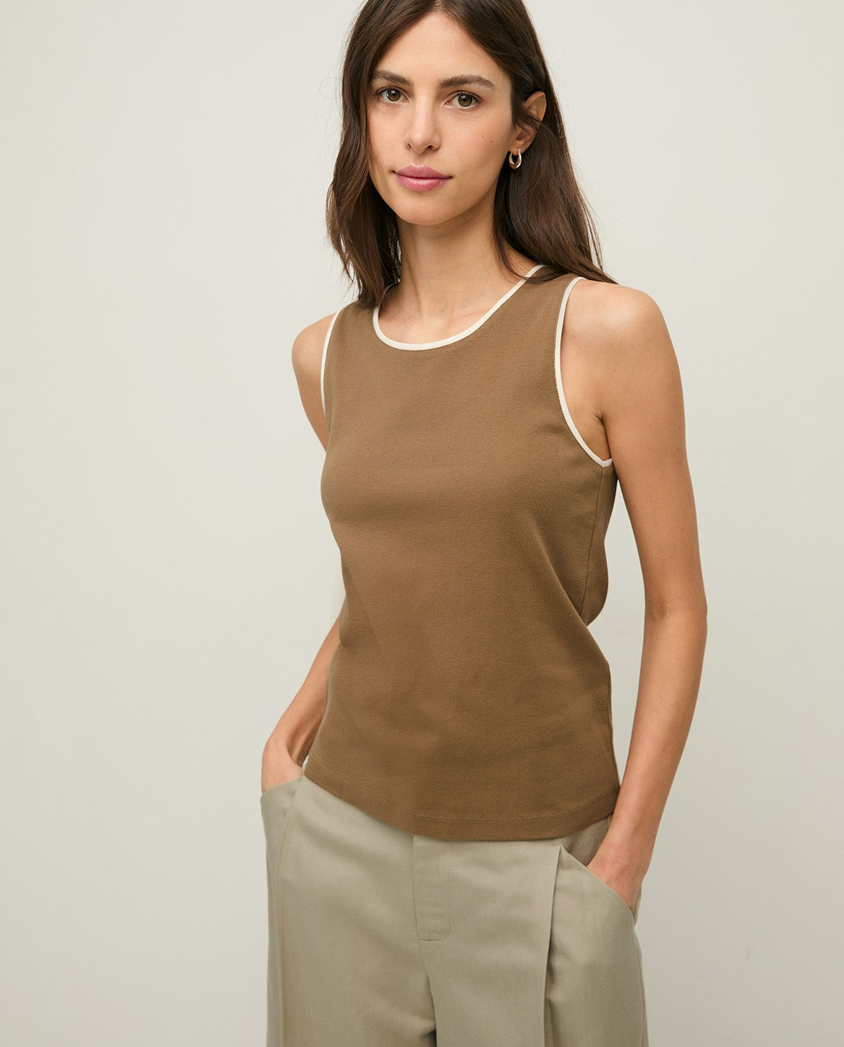 Yerse Barcelona Two-tone Cotton Top - Khaki & Ecru