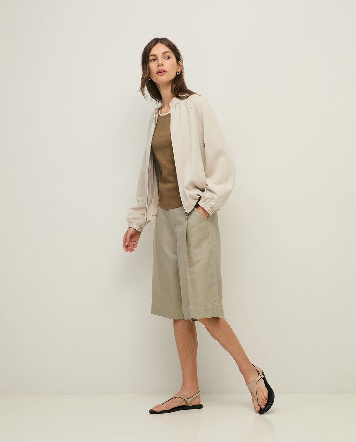 Yerse Barcelona Two-tone Cotton Top - Khaki & Ecru