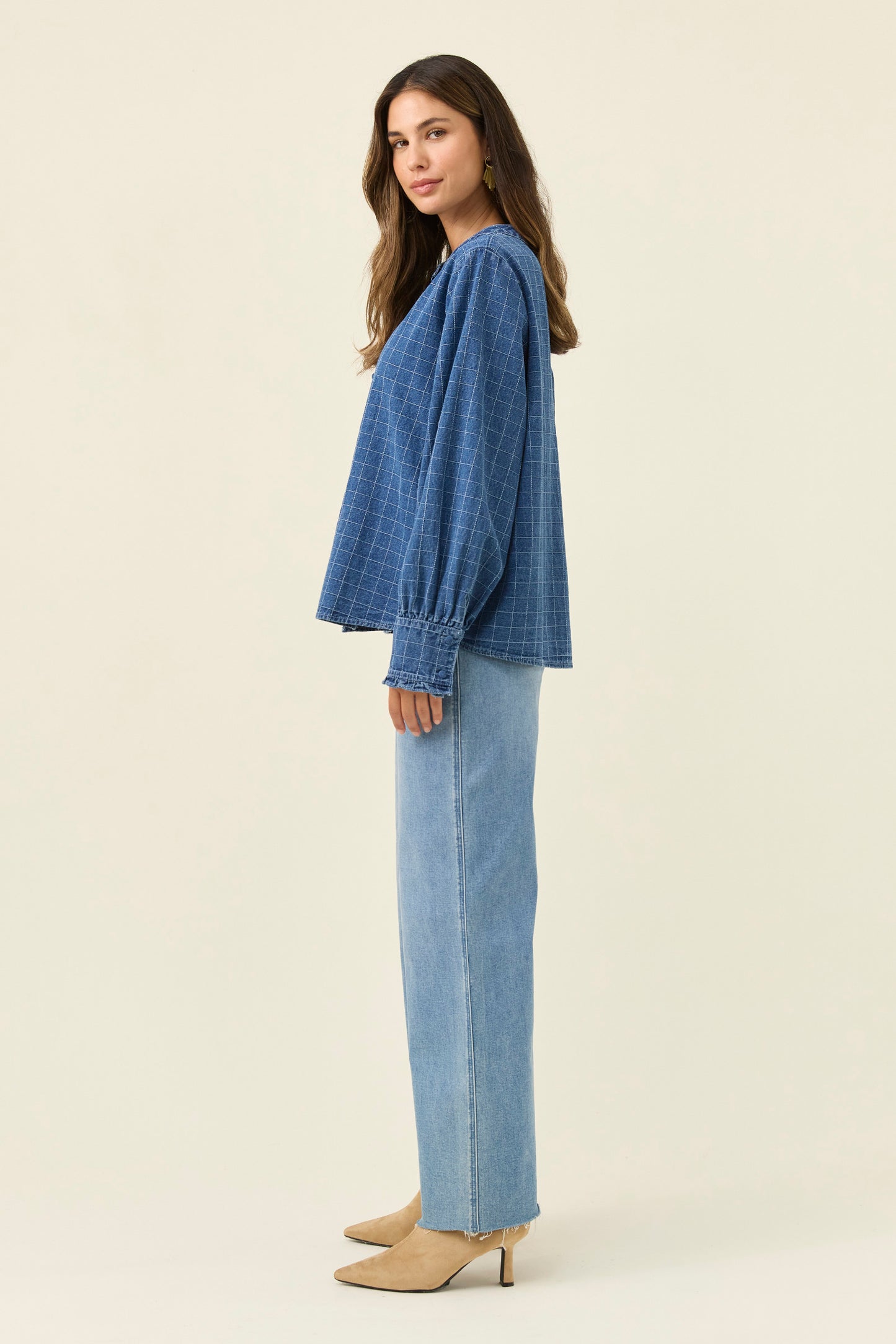 Sloane Denim Frill Shirt from Isle of Mine - Denim Check