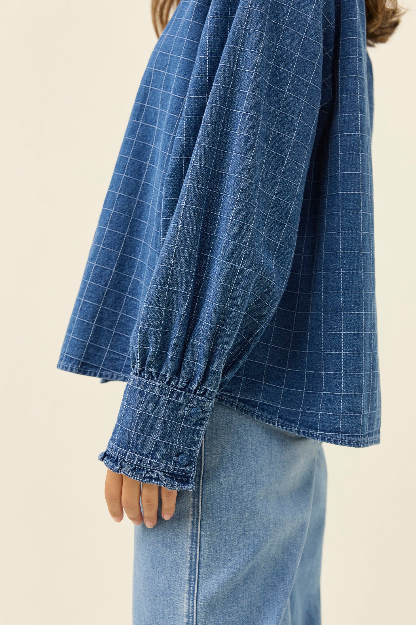 Sloane Denim Frill Shirt from Isle of Mine - Denim Check