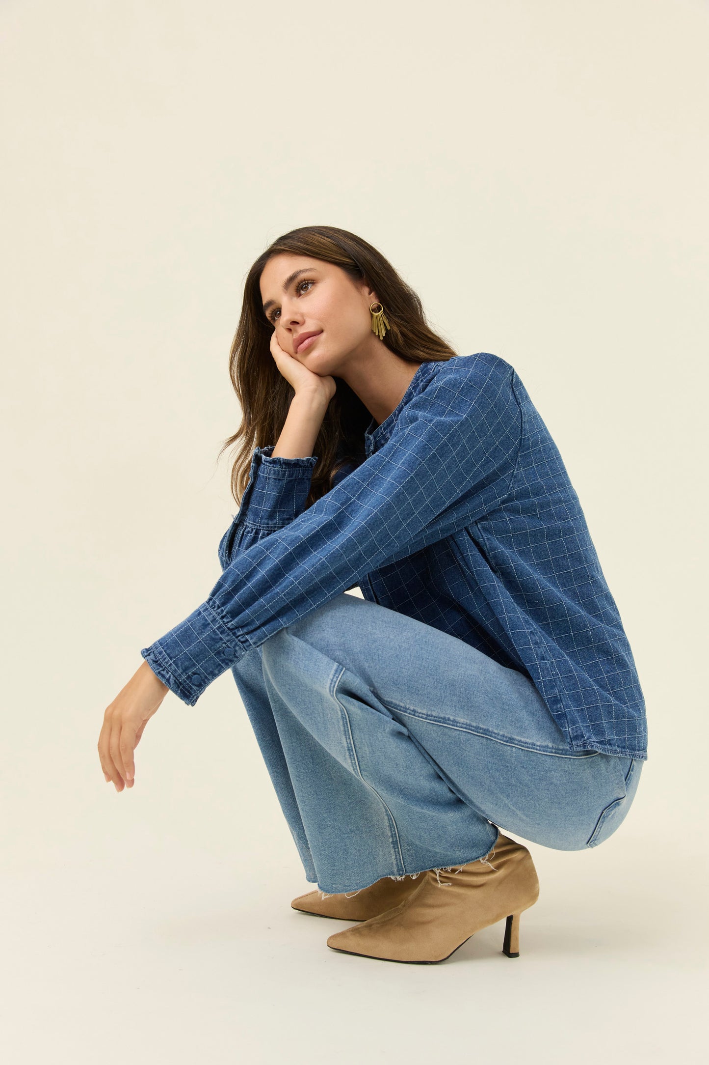 Sloane Denim Frill Shirt from Isle of Mine - Denim Check