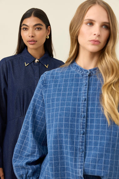 Sloane Denim Frill Shirt from Isle of Mine - Denim Check