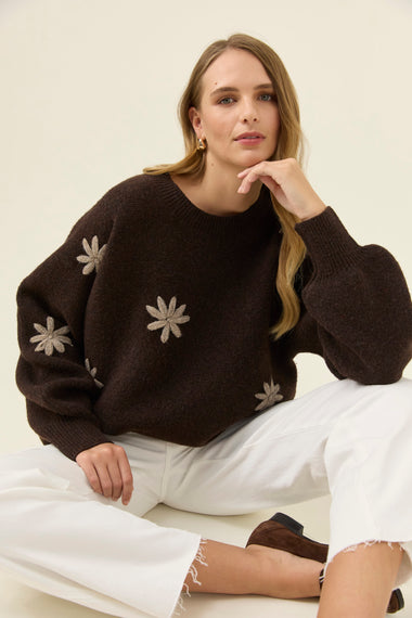 Miru Stitch Flower Jumper from Isle of Mine - Chocolate colour