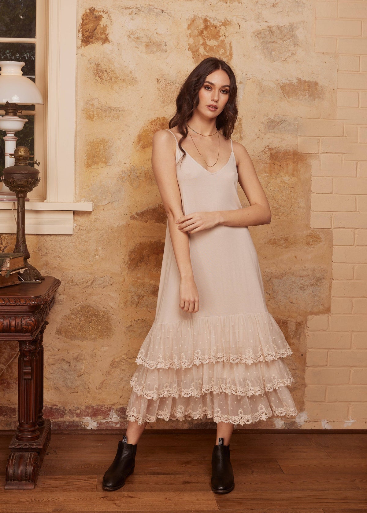 Evangeline lace slip dress Stone colour