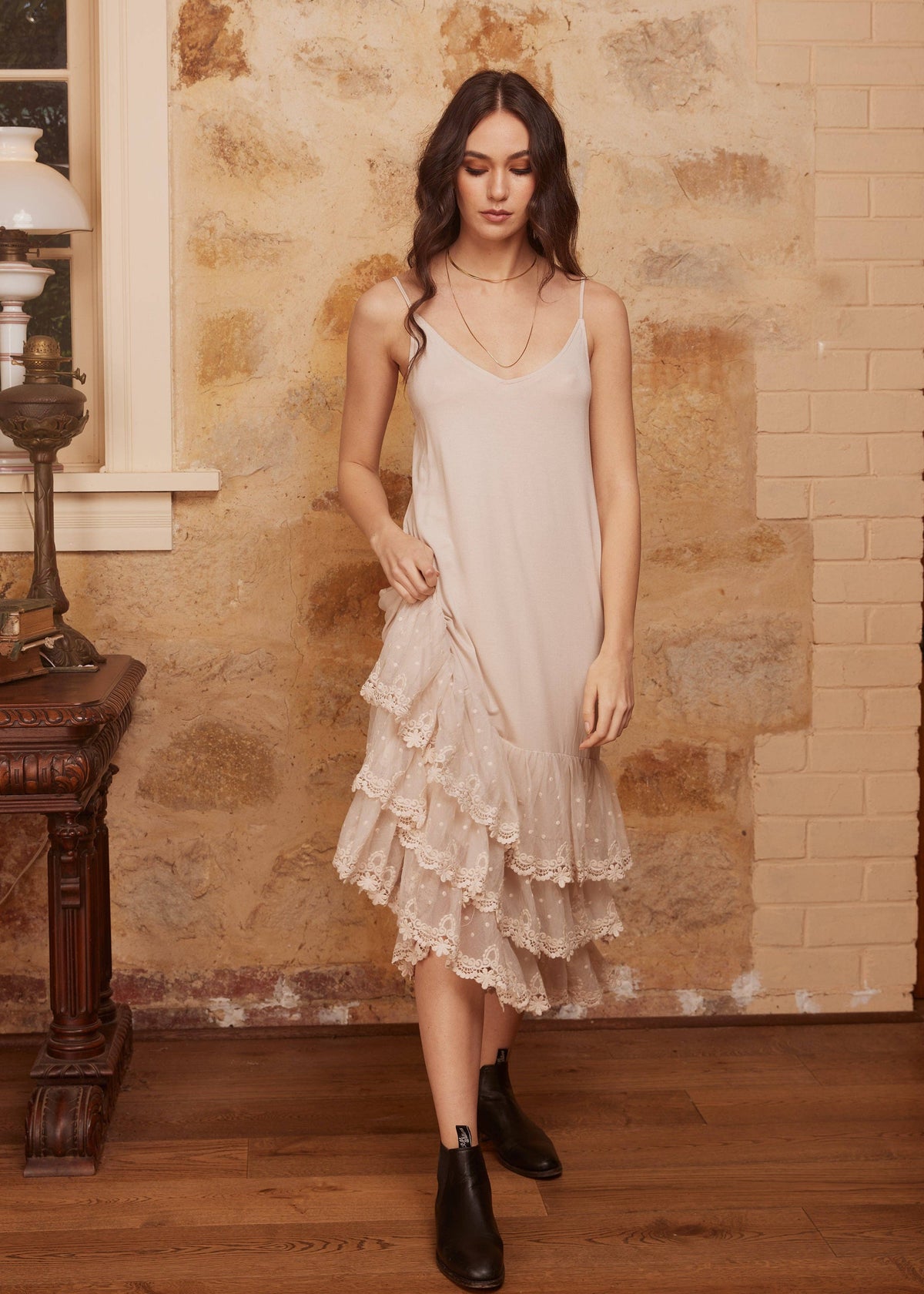 Evangeline lace slip dress Stone colour