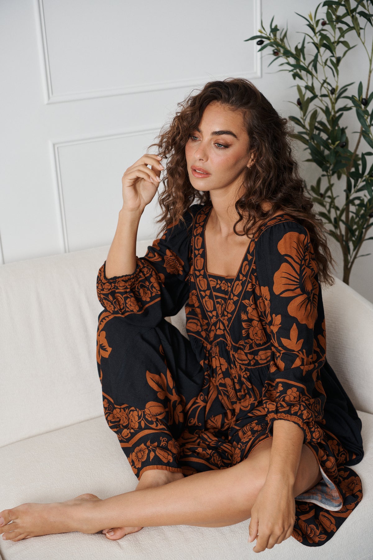 Caju Print Maxi Dress with Bishop Sleeves