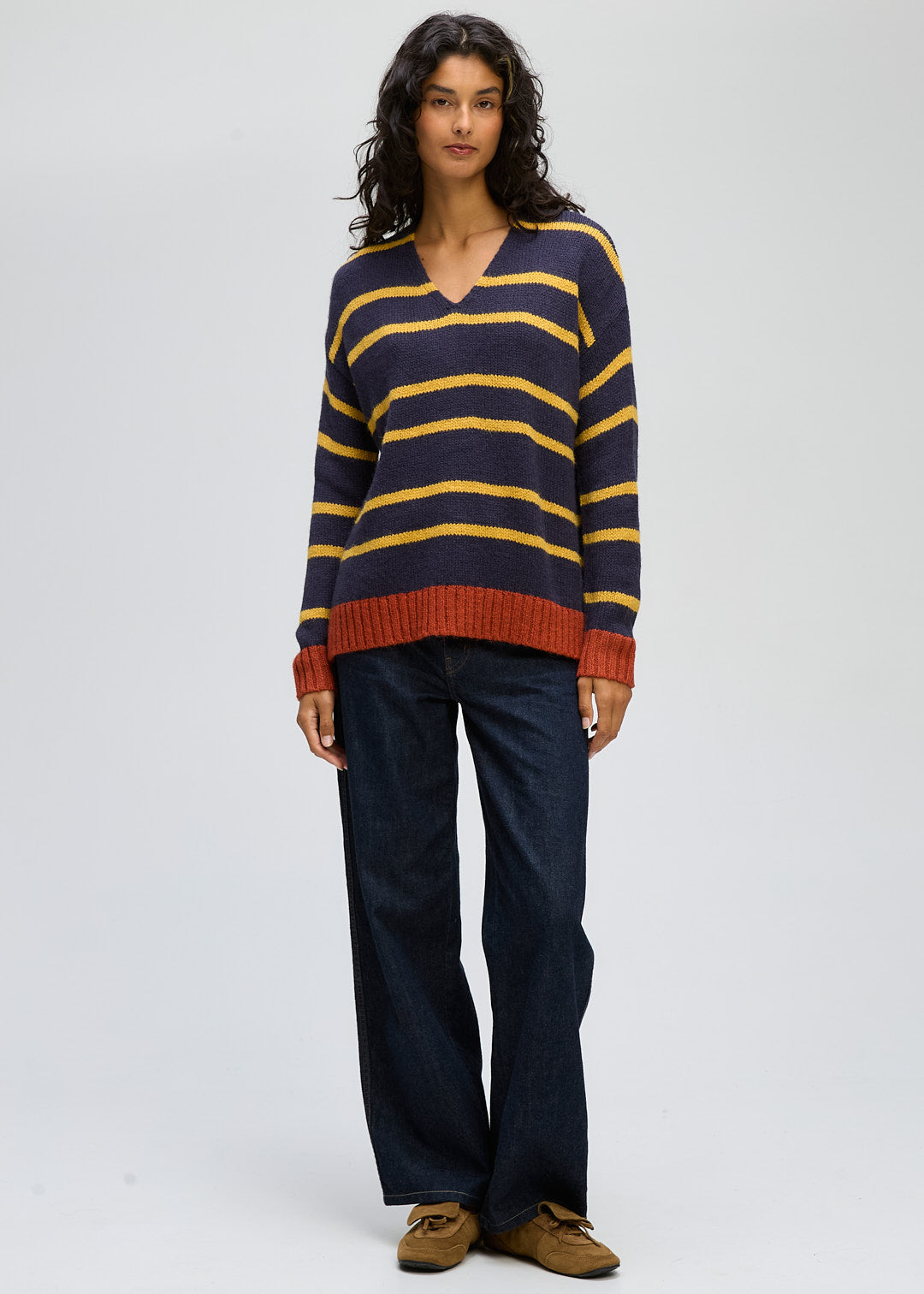LD & Co Cozy Striped V Jumper - Rust