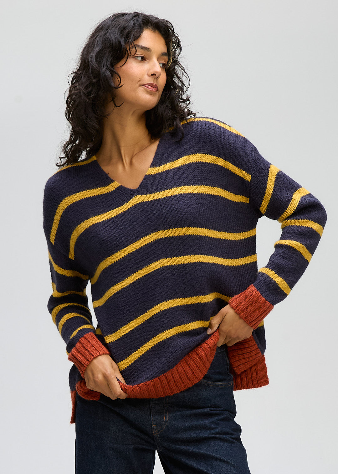 LD & Co Cozy Striped V Jumper - Rust