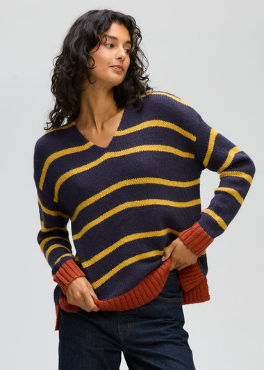 LD & Co Cozy Striped V Jumper - Rust