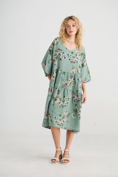 Stella floral linen dress in Sage Green