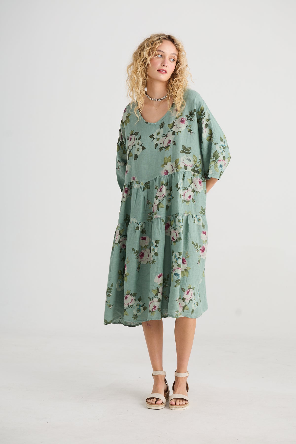 Stella floral linen dress in Sage Green