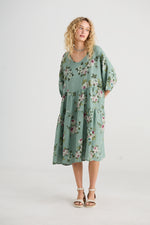 Stella floral linen dress in Sage Green