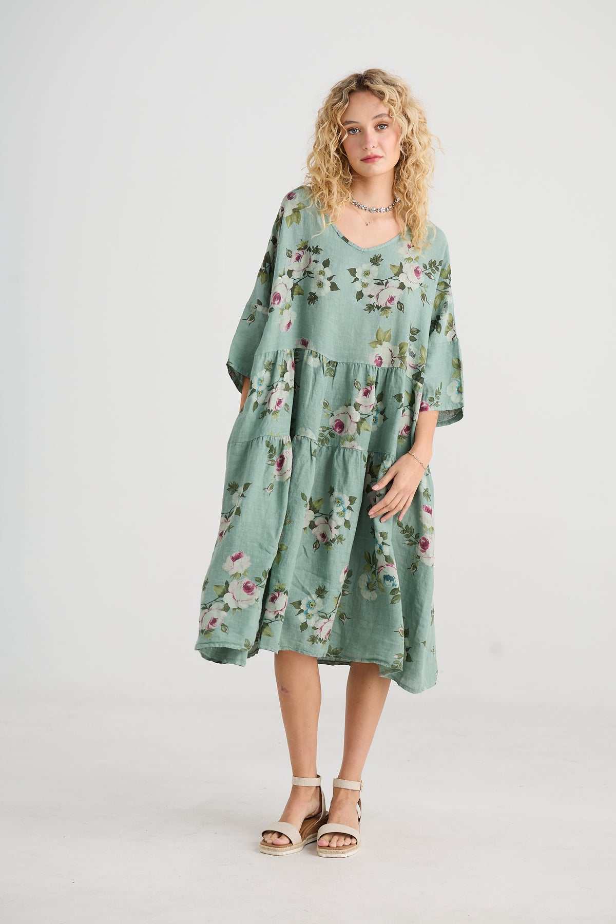 Stella floral linen dress in Sage Green