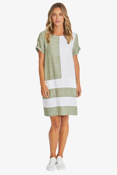 Colour Block Linen Dress with Ping pong Australia- Seagrass