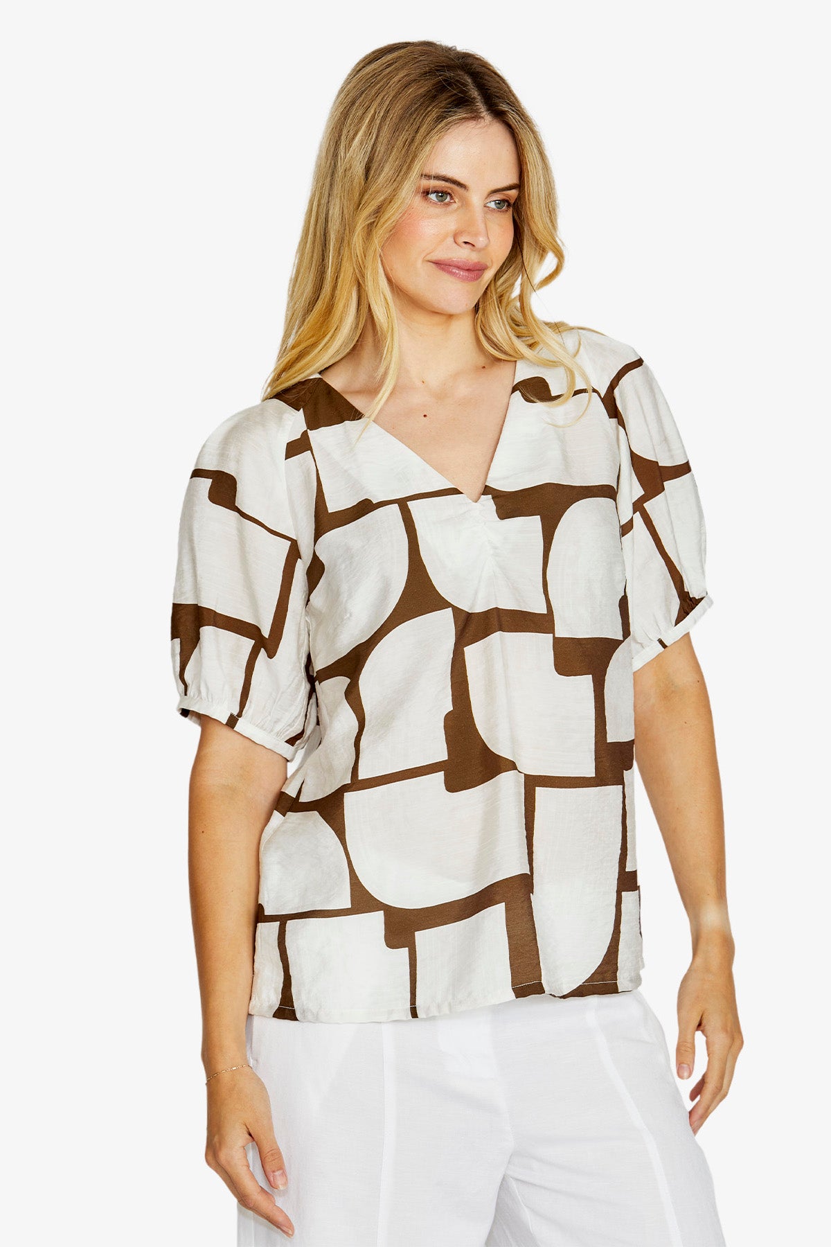 Mira bubble sleeve top - Hot Stone print