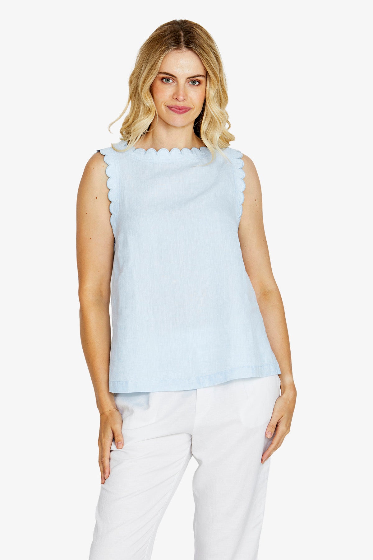 Maggie Scalloped Linen Top - Light Blue