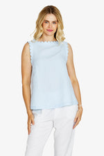 Maggie Scalloped Linen Top - Light Blue