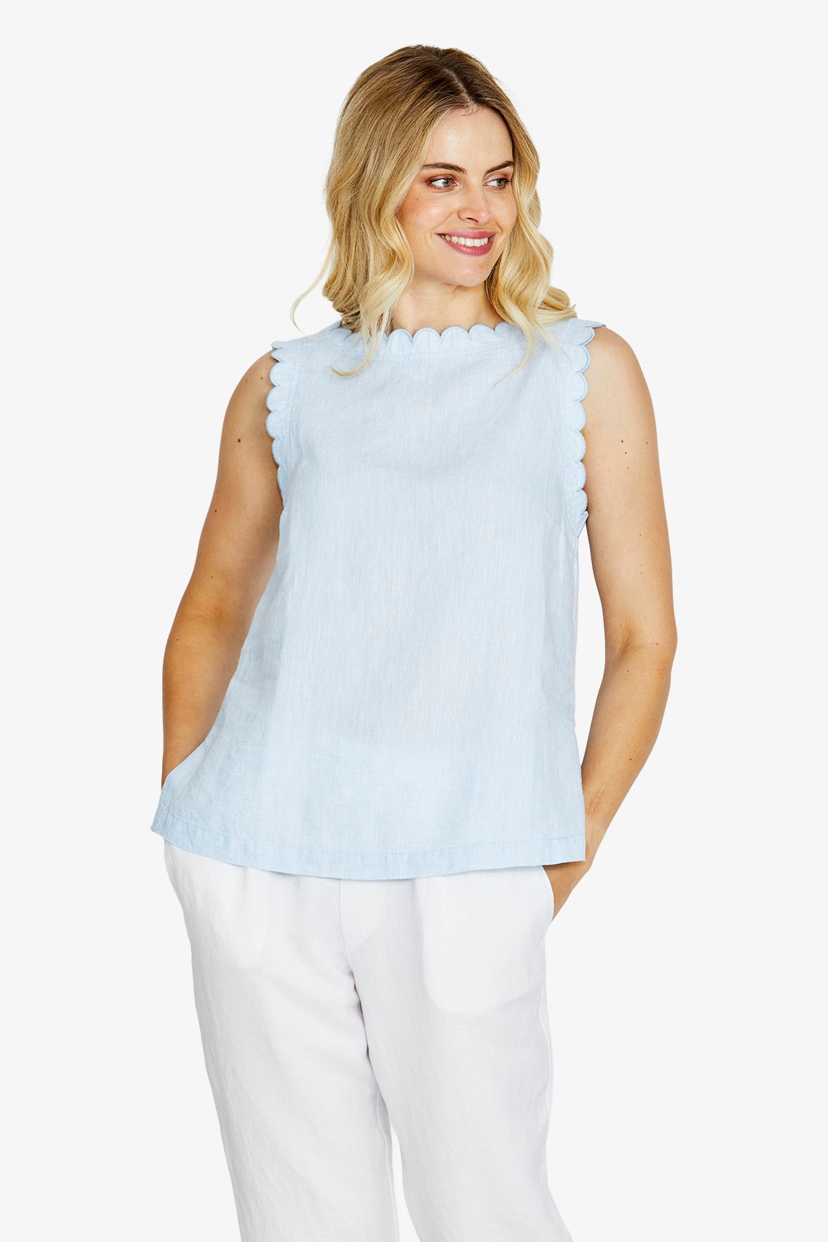 Maggie Scalloped Linen Top - Light Blue
