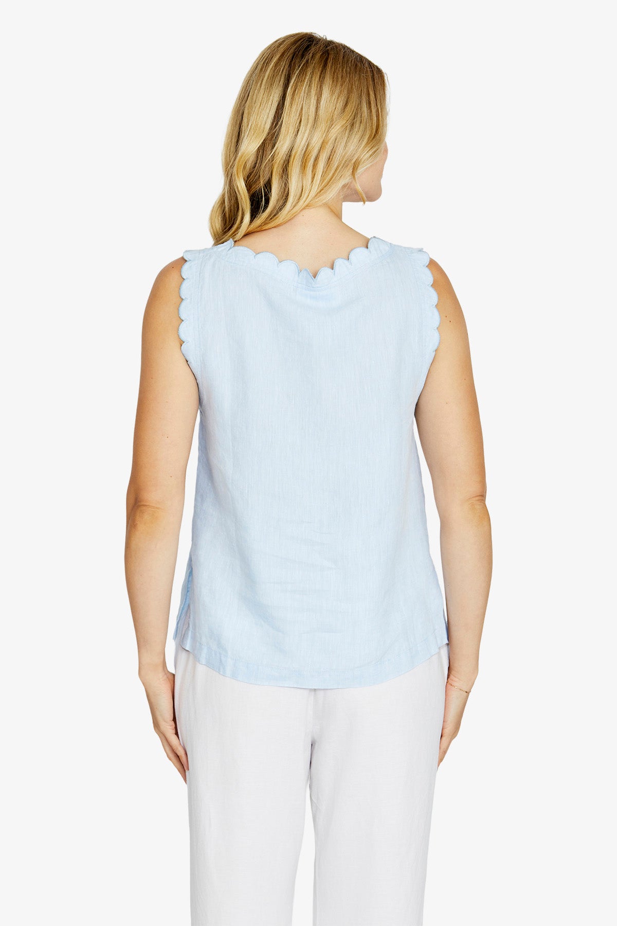 Maggie Scalloped Linen Top - Light Blue