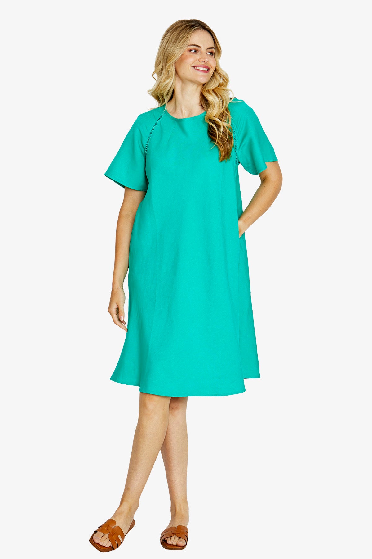 Harper Ladder Trim Shift Dress - Lotus Green