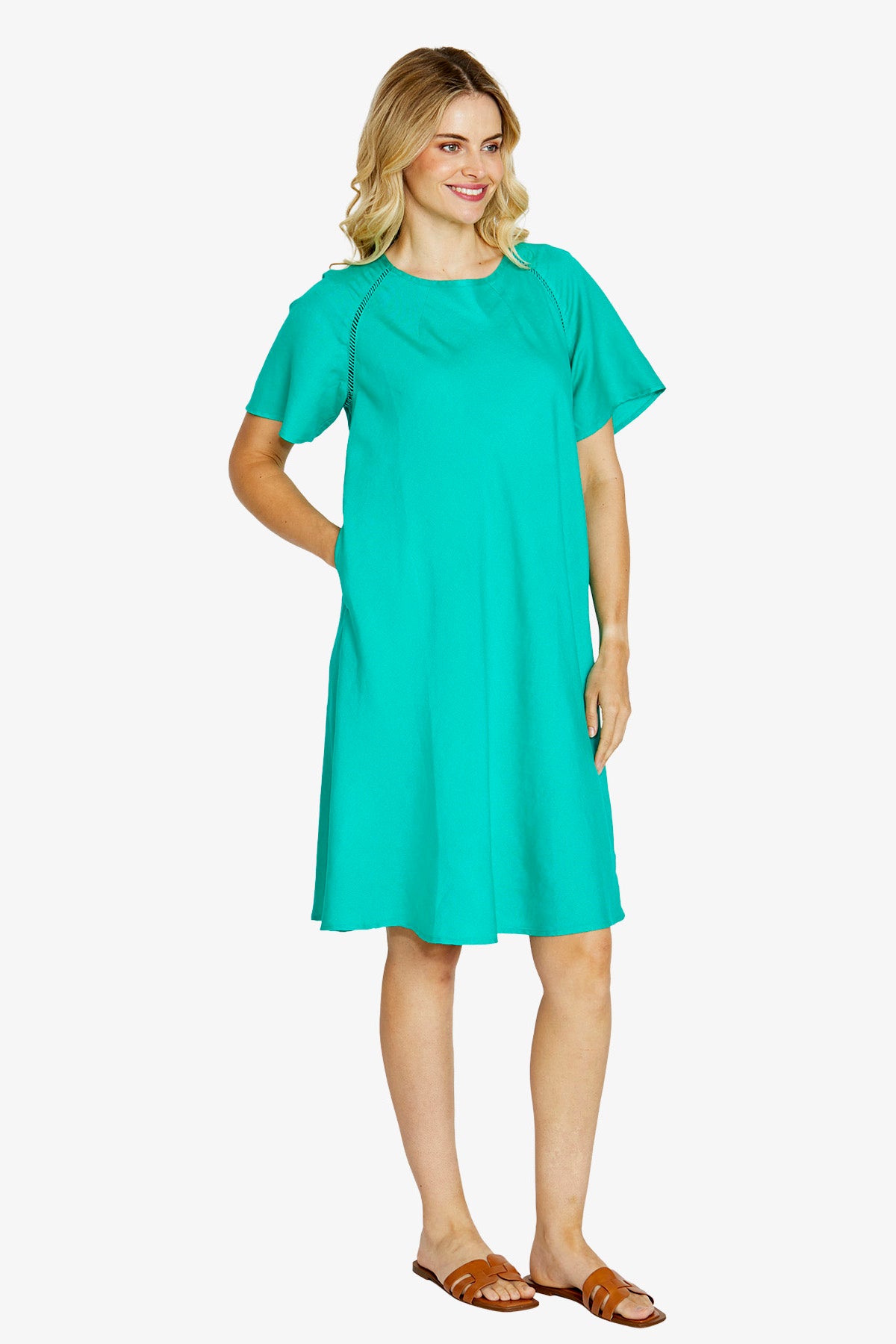 Harper Ladder Trim Shift Dress - Lotus Green