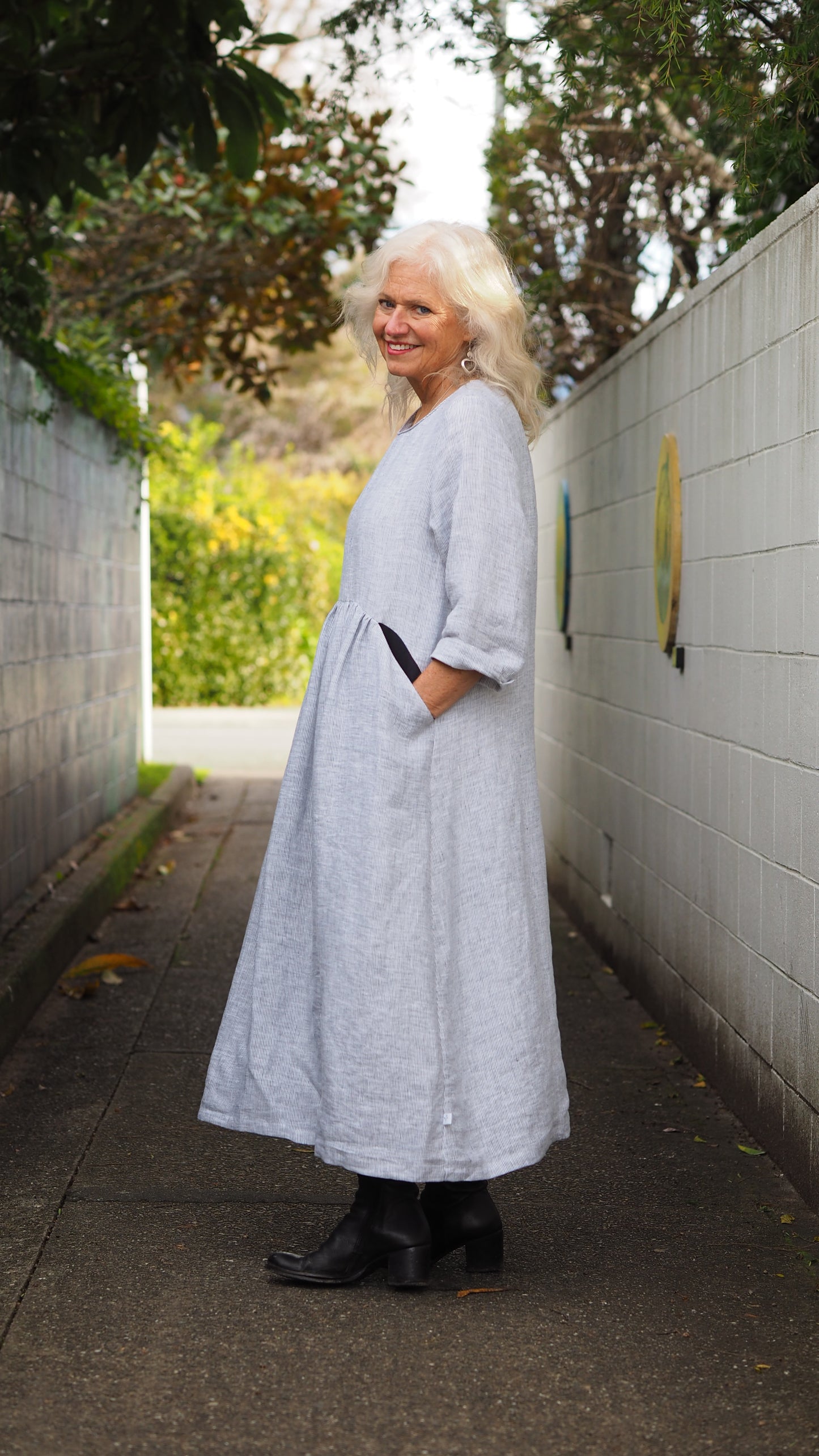 Runanga Dress - Fine White Stripe