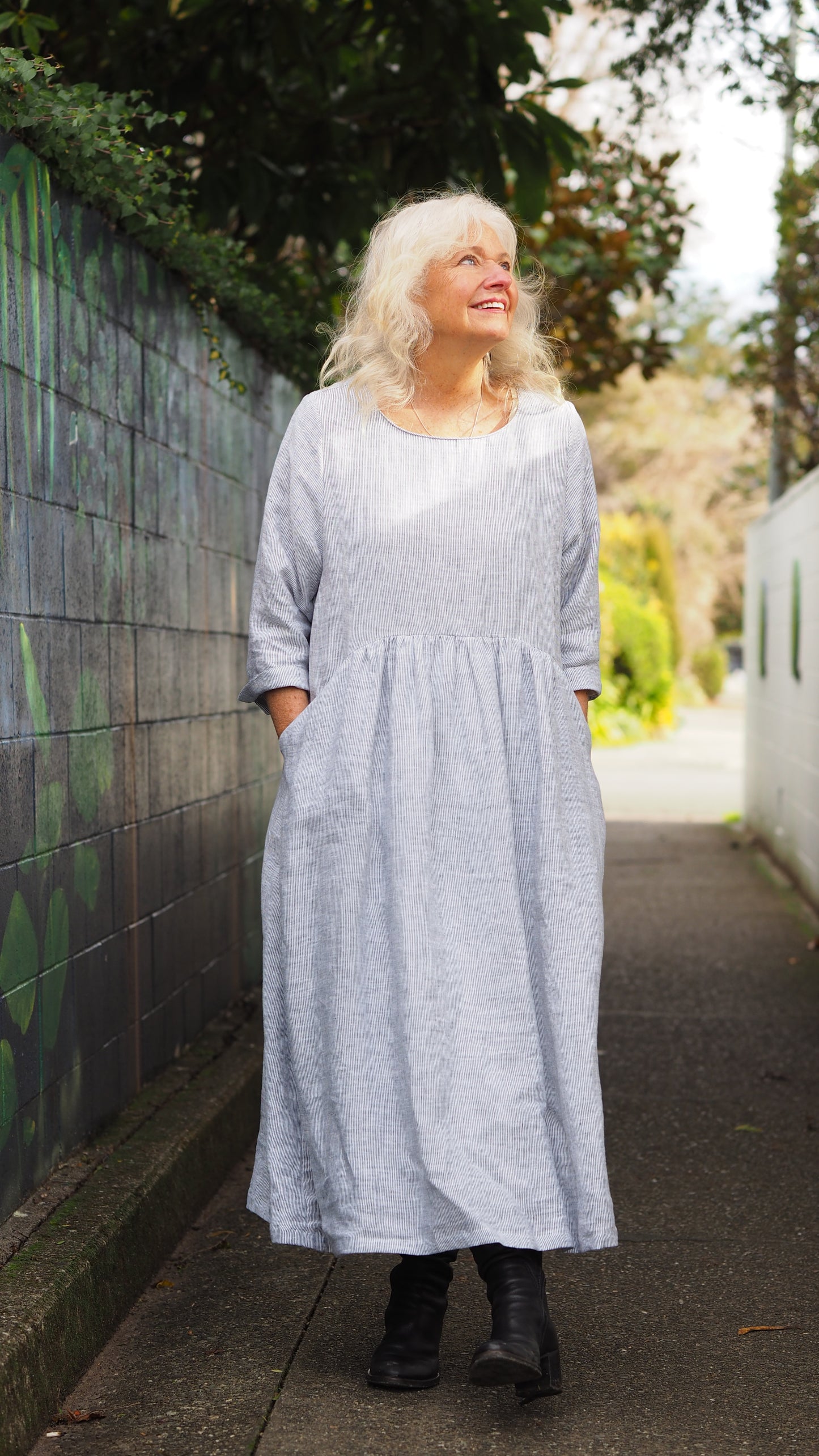 Runanga Dress - Fine White Stripe