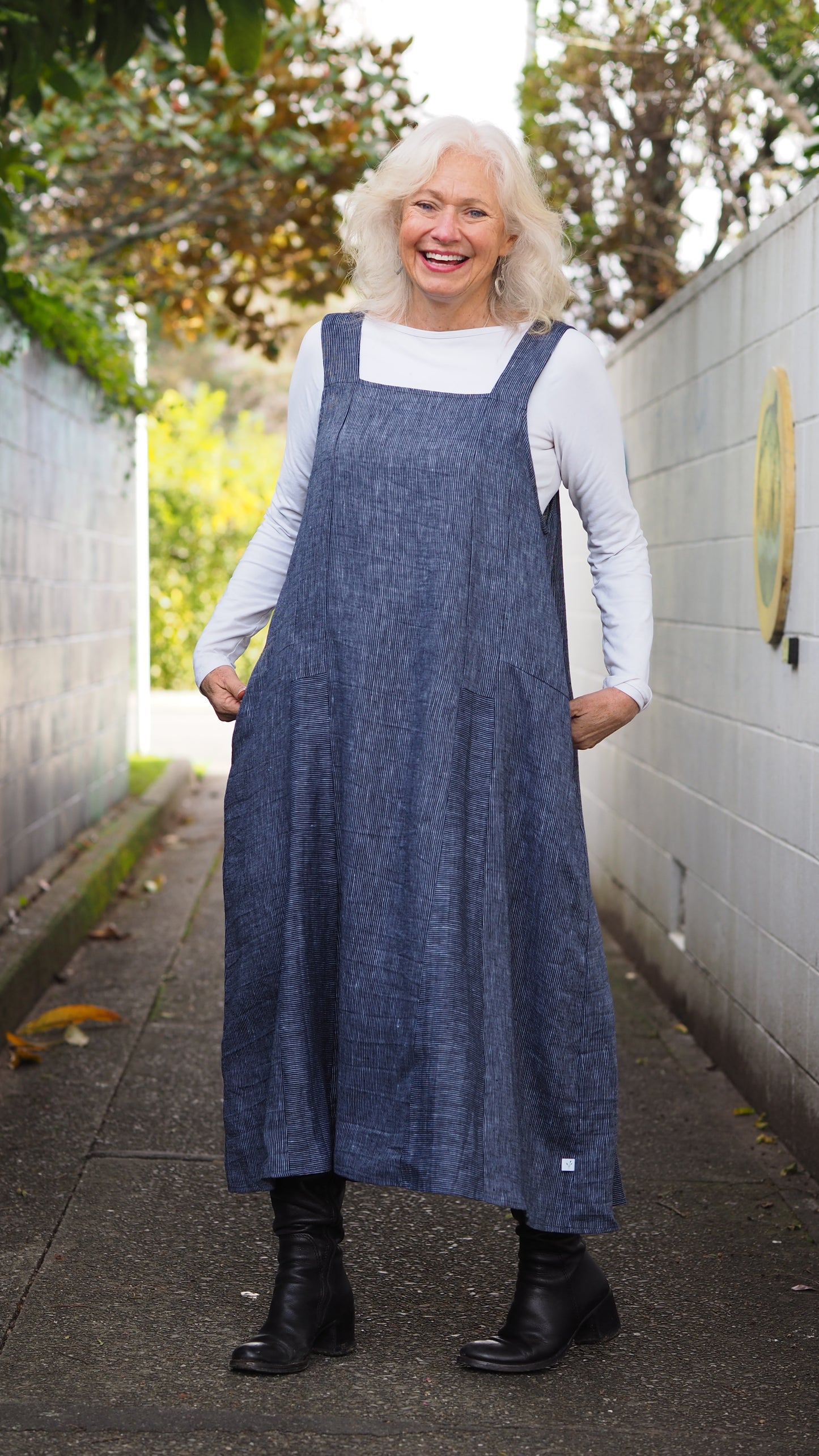 Rakiura Pinafore - Classic Fine Navy Stripe