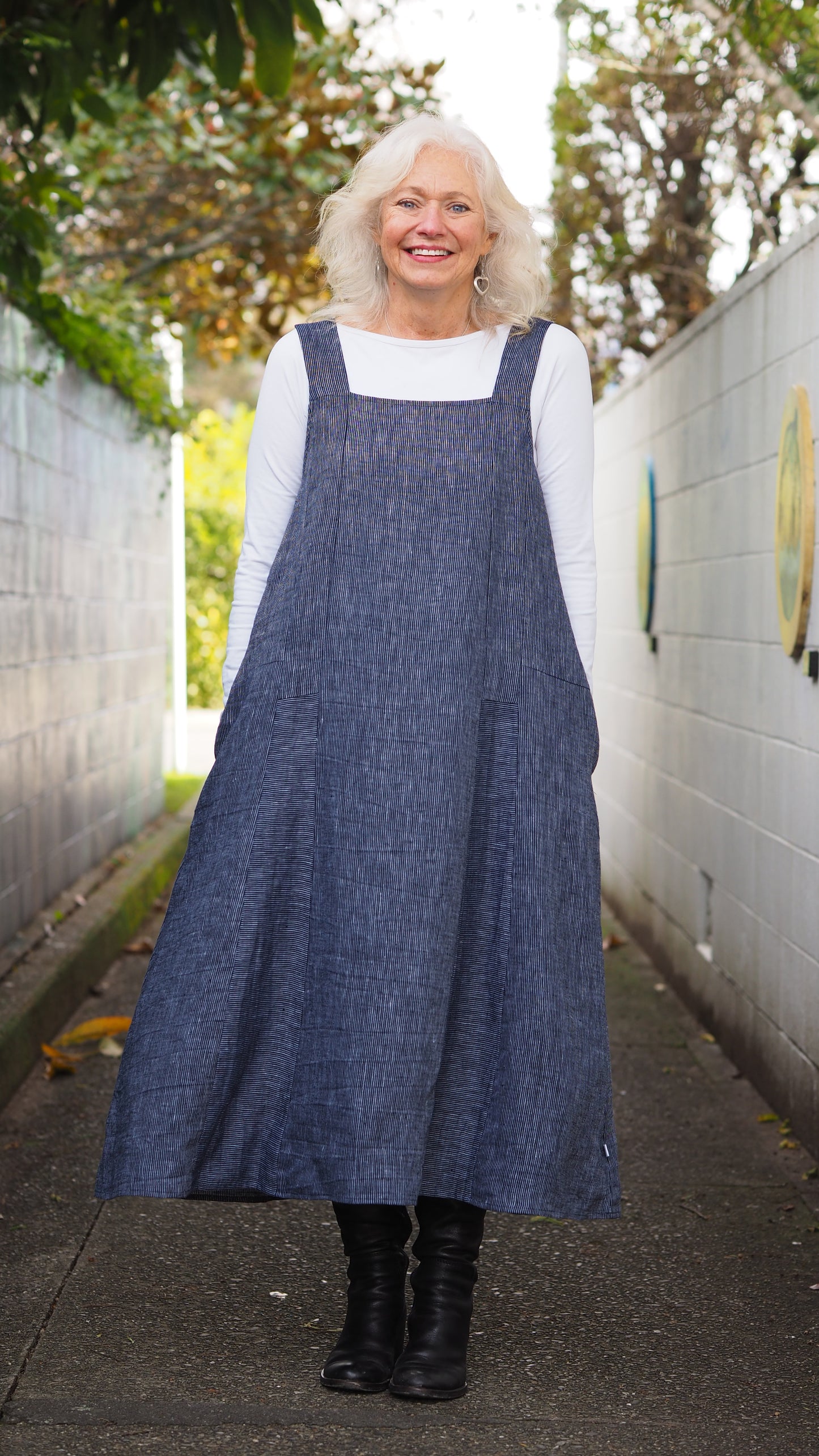 Rakiura Pinafore - Classic Fine Navy Stripe