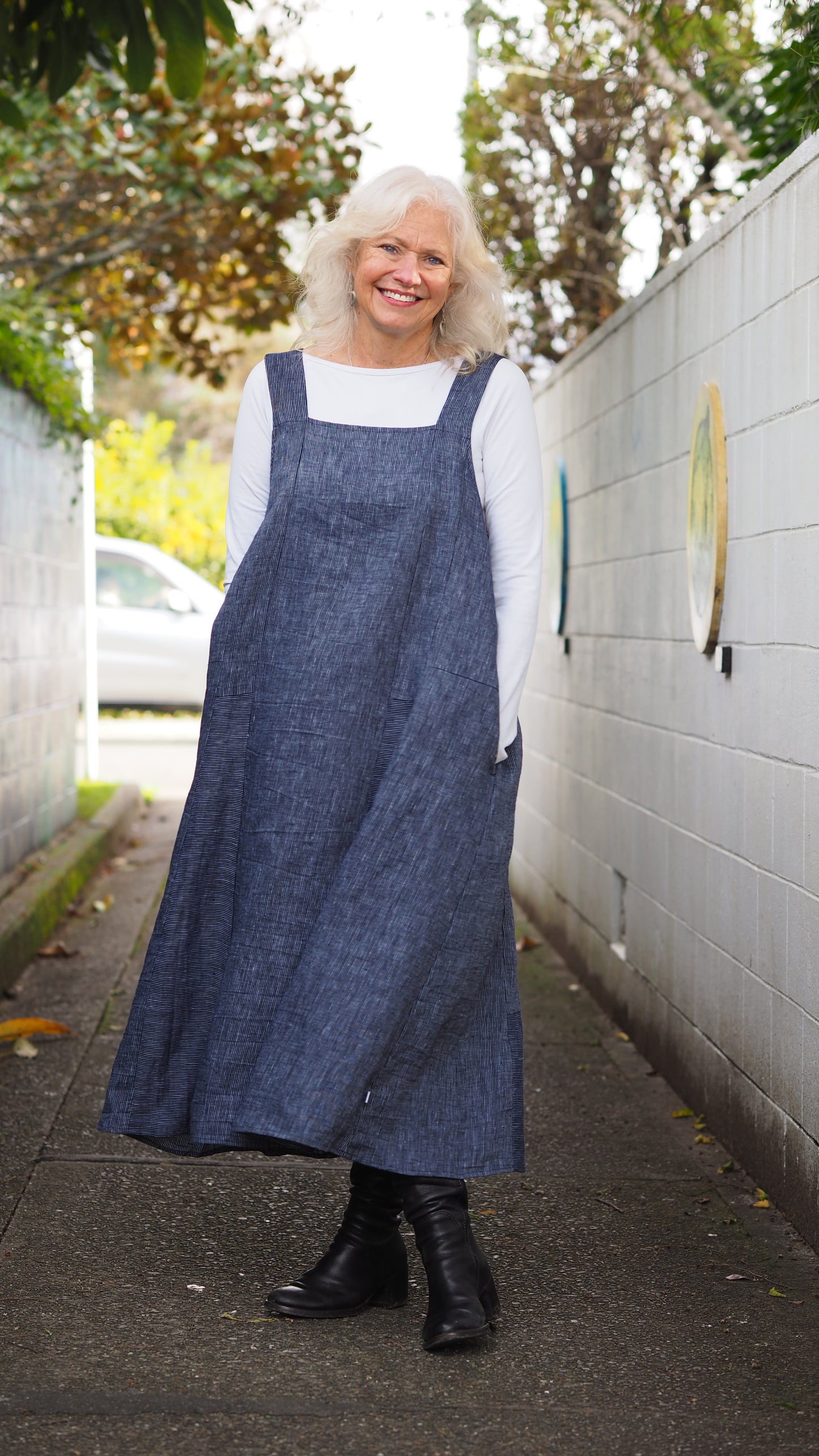 Rakiura Pinafore - Classic Fine Navy Stripe