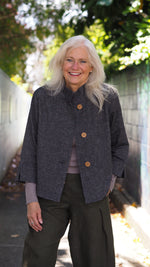 Tokyo Jacket from Rogue Linen Sustainable Fashion - Black Beige fine textured stripe