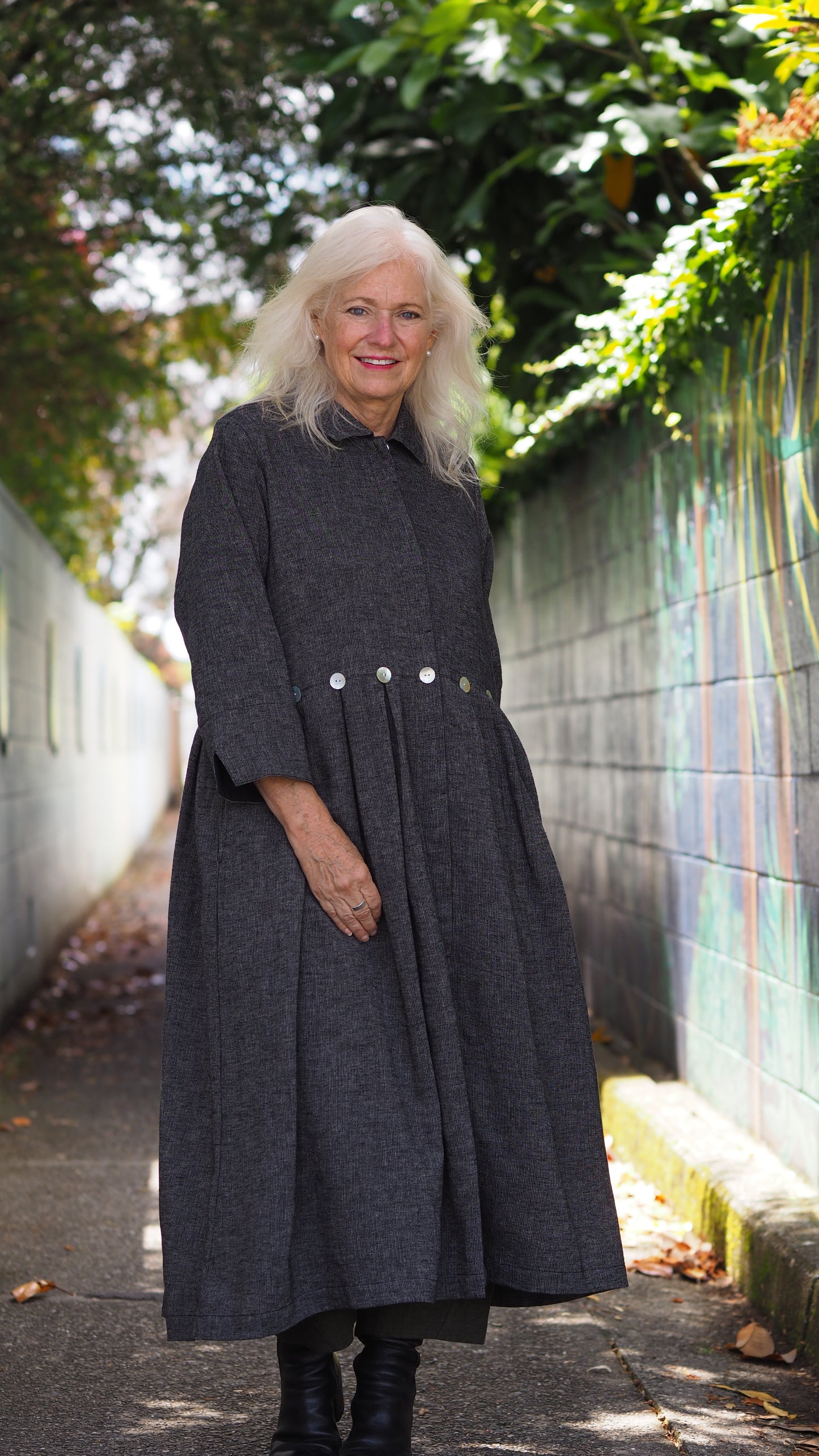 Taranaki Coat/Dress from Rogue Linen Sustainable Fashion - Black & Beige Fine Stripe