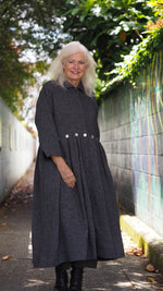 Taranaki Coat/Dress from Rogue Linen Sustainable Fashion - Black & Beige Fine Stripe