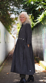 Taranaki Coat/Dress from Rogue Linen Sustainable Fashion - Black & Beige Fine Stripe